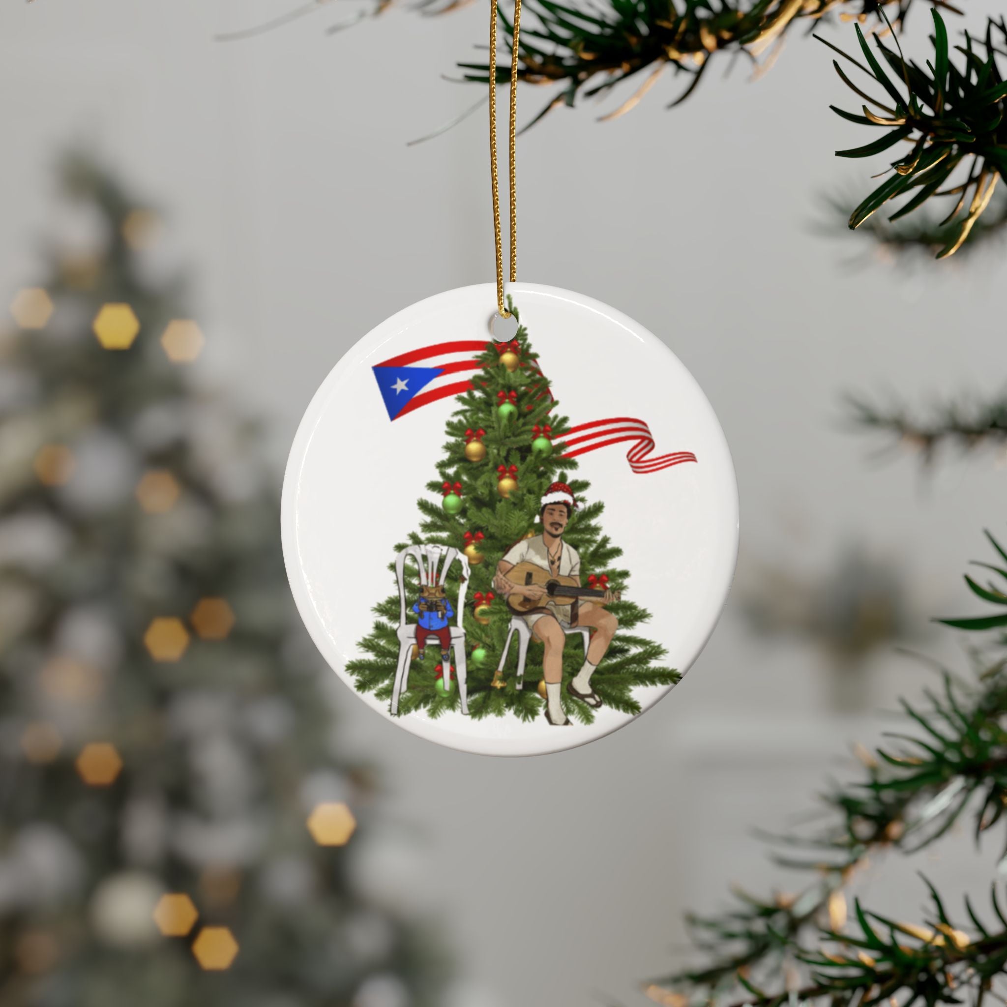 Puerto Rican Christmas Ornament Coquí & Palm Tree Ornament  Festive Tree with Guitarist Ceramic Heart Ornament