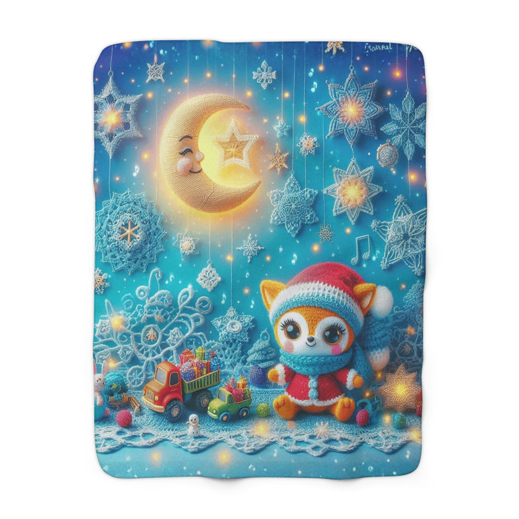 Cute Fox Holiday Sherpa Blanket  Moon & Snowflake Cozy Throw for Kids