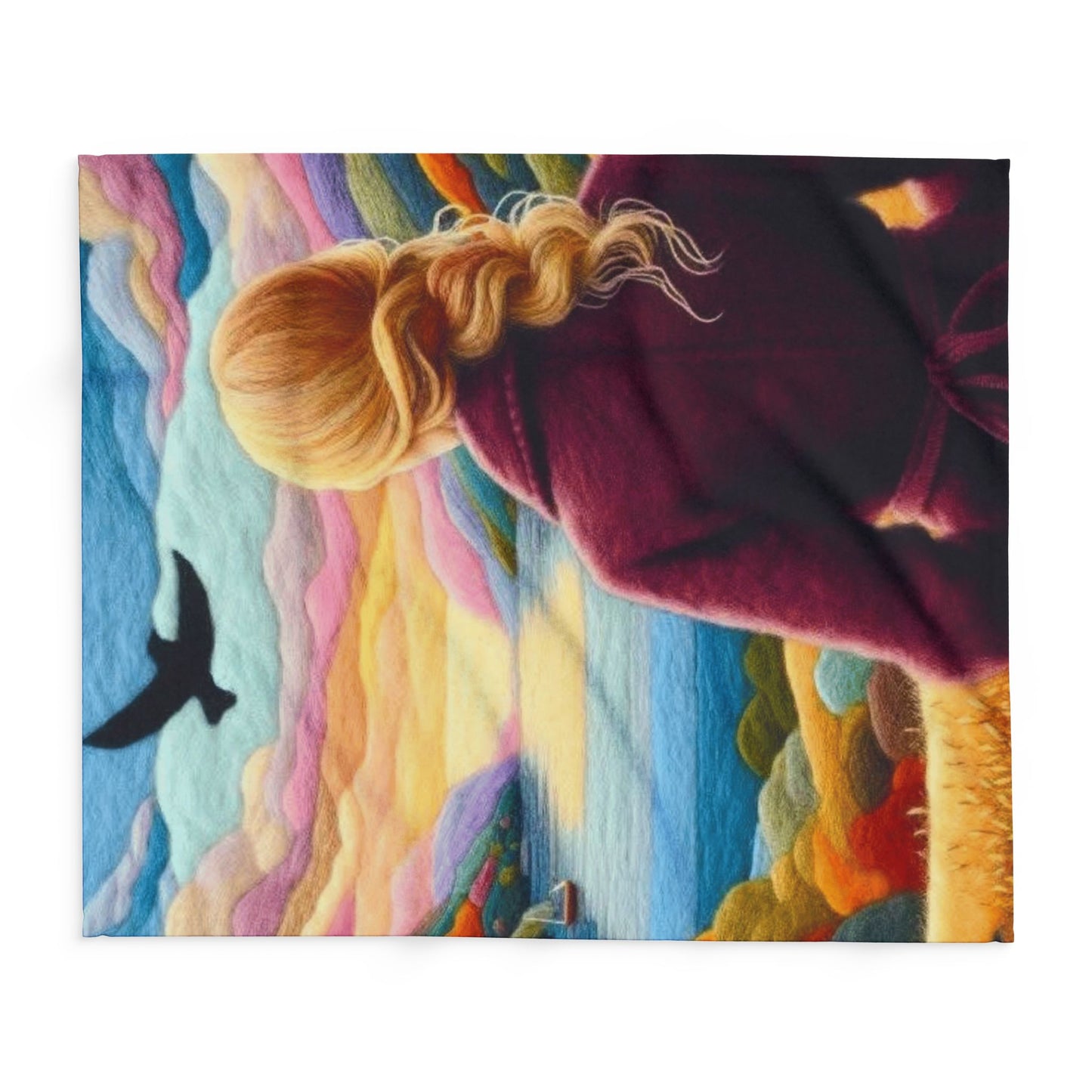 Scenic Girl Fleece Blanket — Cozy Sunset Landscape Throw