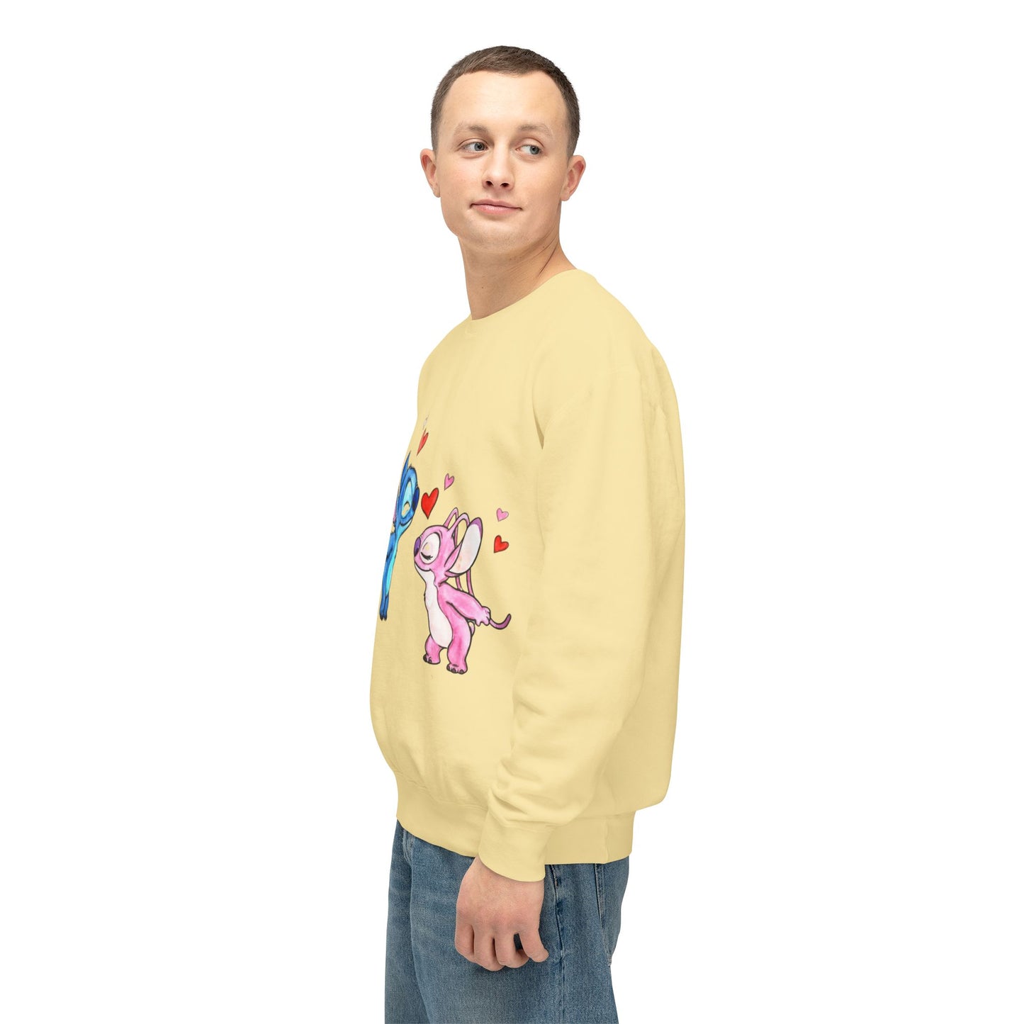 Cute Stitch Valentine Sweatshirt — Blue & Pink Love Characters with Hearts