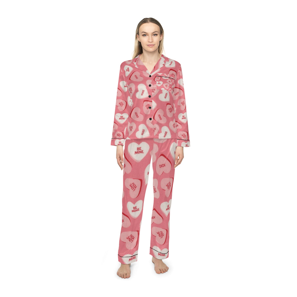 Valentine's Heart Satin Pajama Set — Pink Conversation Hearts Sleepwear