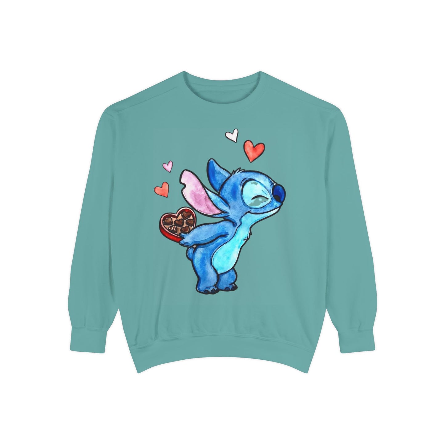 Stitch Valentine Sweatshirt — Cute Blue Alien with Hearts & Chocolate Pocket