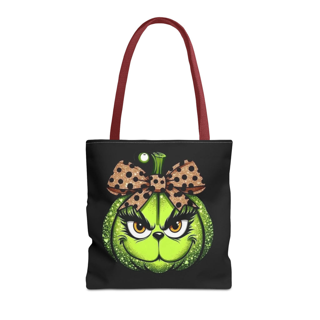Grinch-Inspired Tote Bag with Polka Dot Bow Christmas Tote Bag Festive Holiday Design