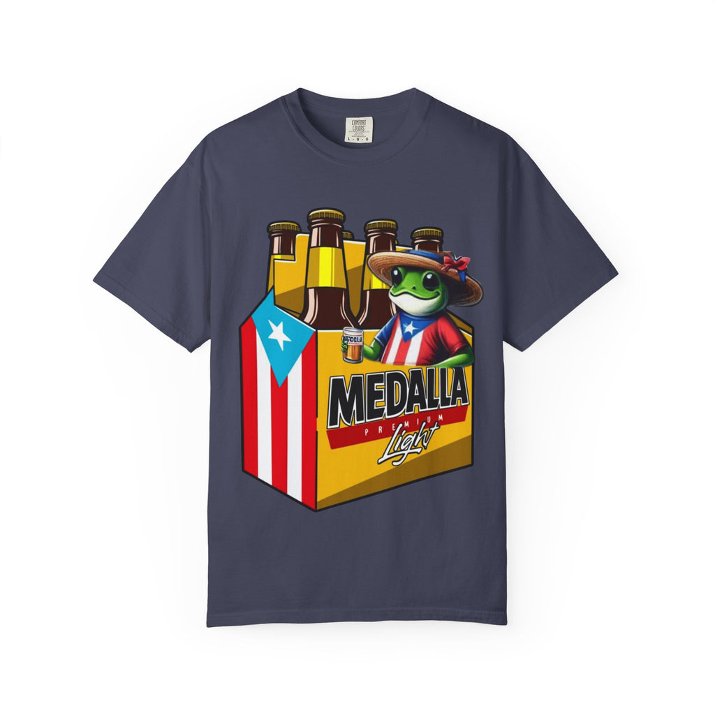 Medalla Light Puerto Rican Beer T-Shirt Coqui Frog Mascot Six-Pack Graphic Tee Puerto Rico’s Navidades