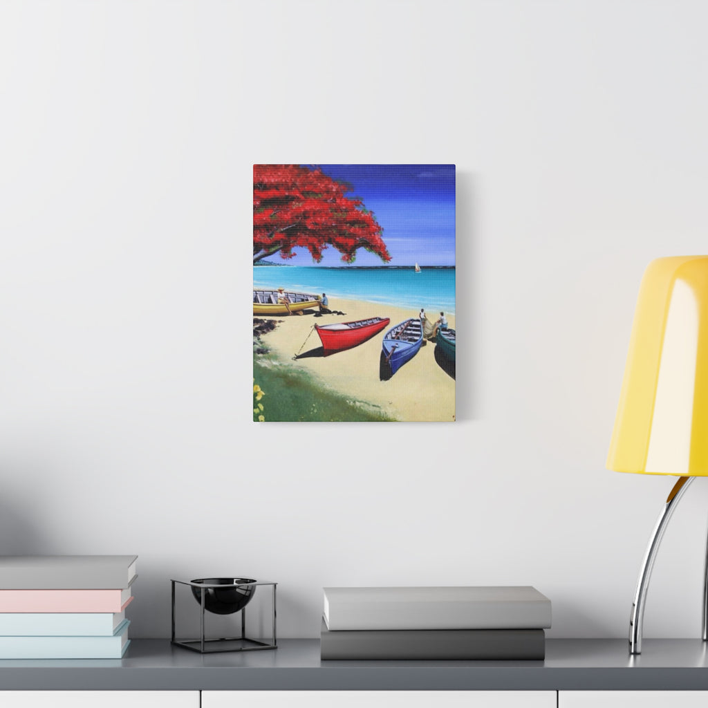 Beach Canoes Canvas Wall Art Tropical Seaside Landscape Matte Stretched Canvas