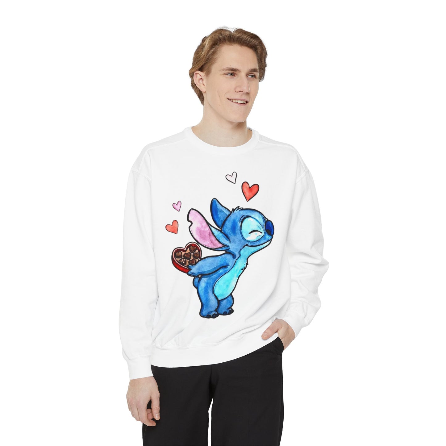 Stitch Valentine Sweatshirt — Cute Blue Alien with Hearts & Chocolate Pocket