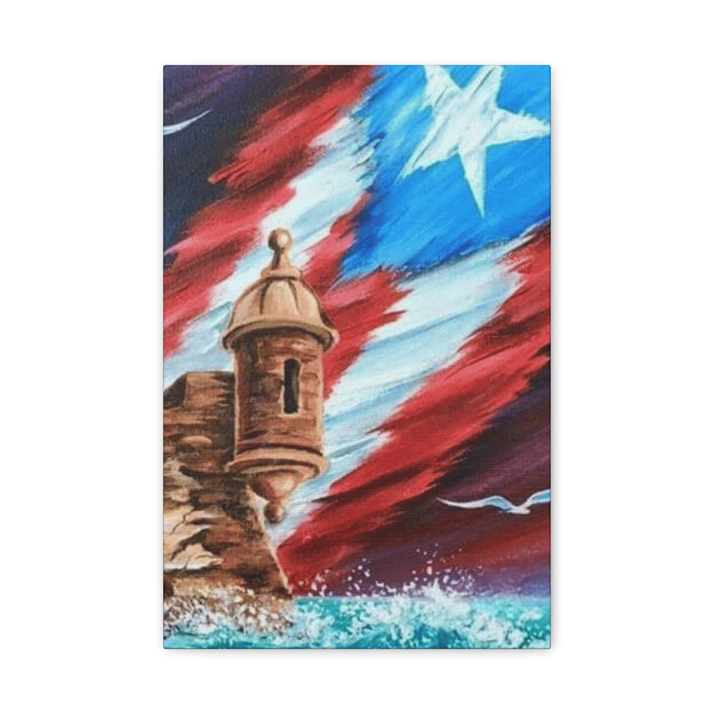 Patriotic Castillo Canvas Wall Art – Puerto Rico Flag Coastal Fortress Print