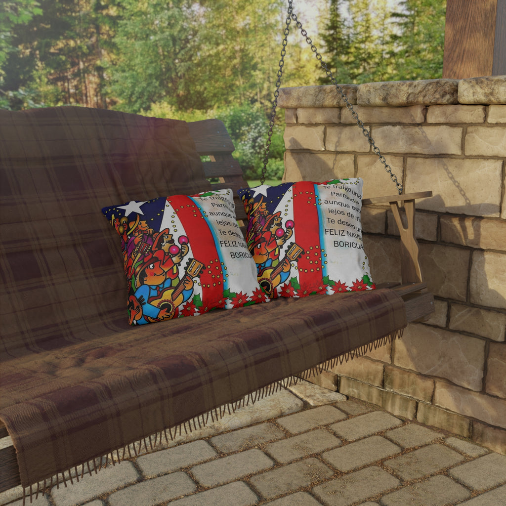Puerto Rican Christmas Outdoor Pillow — "Te traigo una Parranda" Festive Boricua Holiday Decor