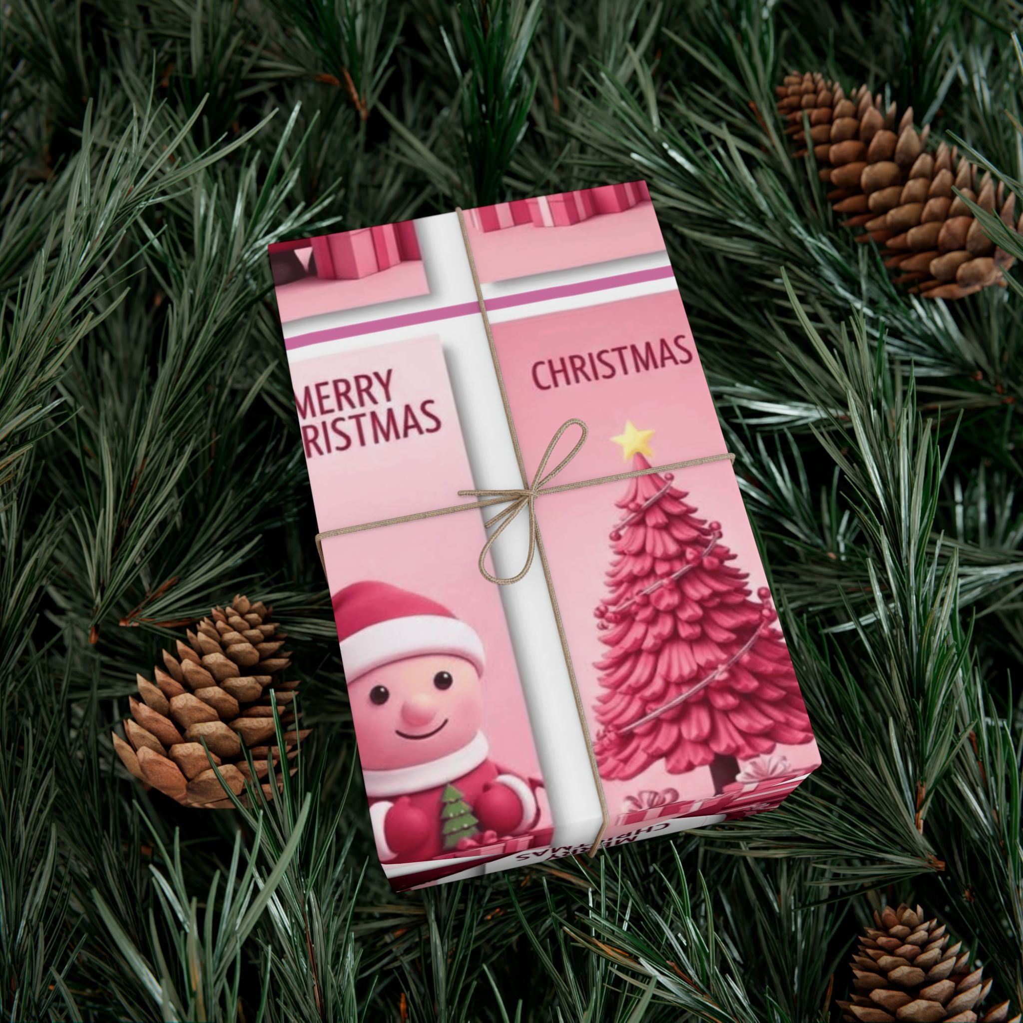 Christmas Gift Wrap Paper - Pink Merry Christmas Star & Tree Holiday Wrapping Sheets