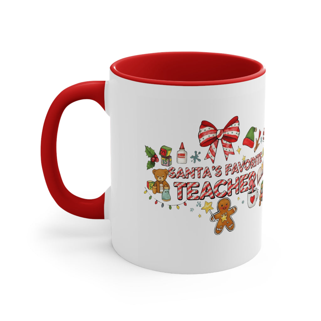 A festive Christmas mug for teachers who inspire hearts and minds all year long.  “Santa’s Favorite Teacher” 11oz Accent Coffee Cup