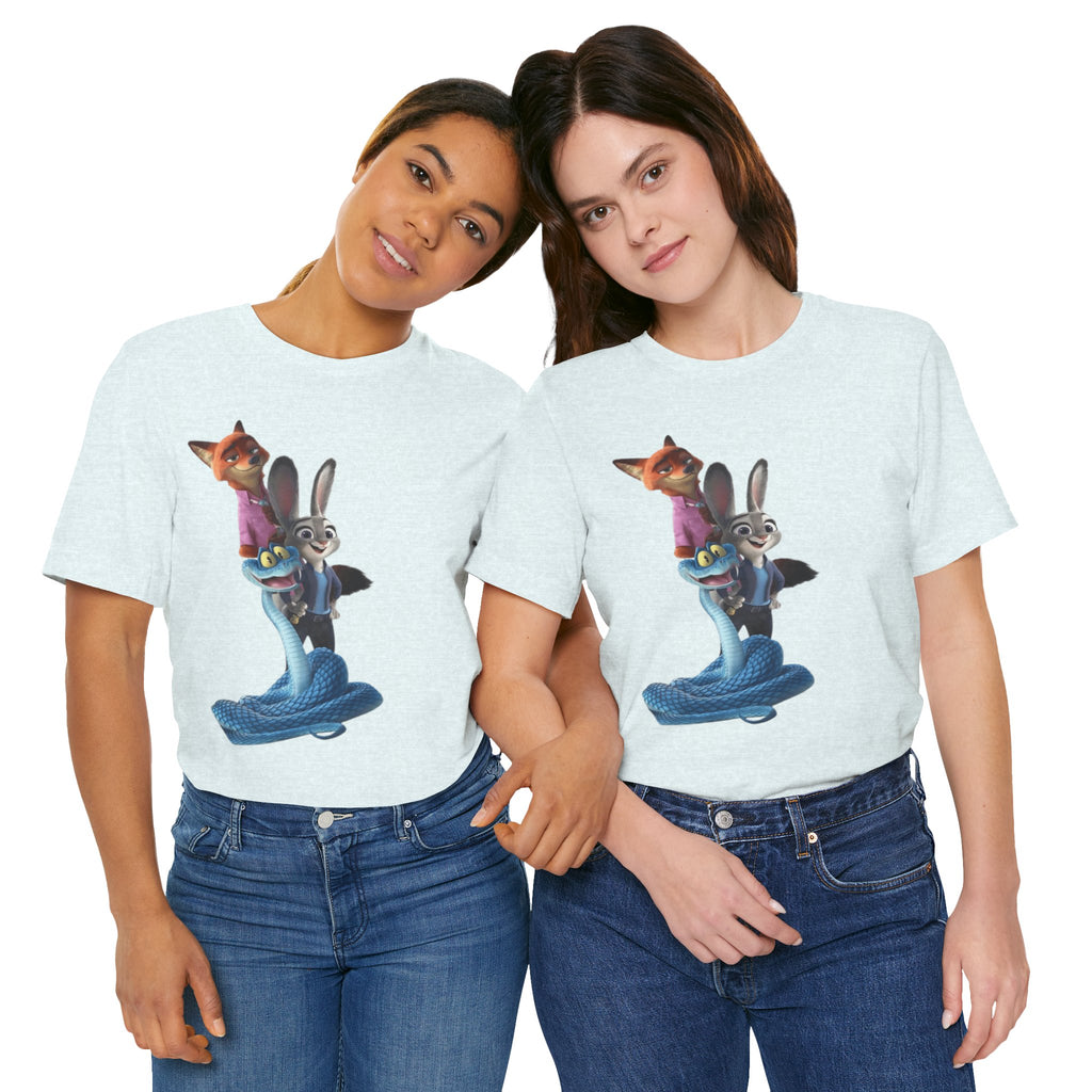 Animated Character Tee — Cute Fox & Bunny Stack Graphic T-Shirt  cartoon-style Christmas artwork