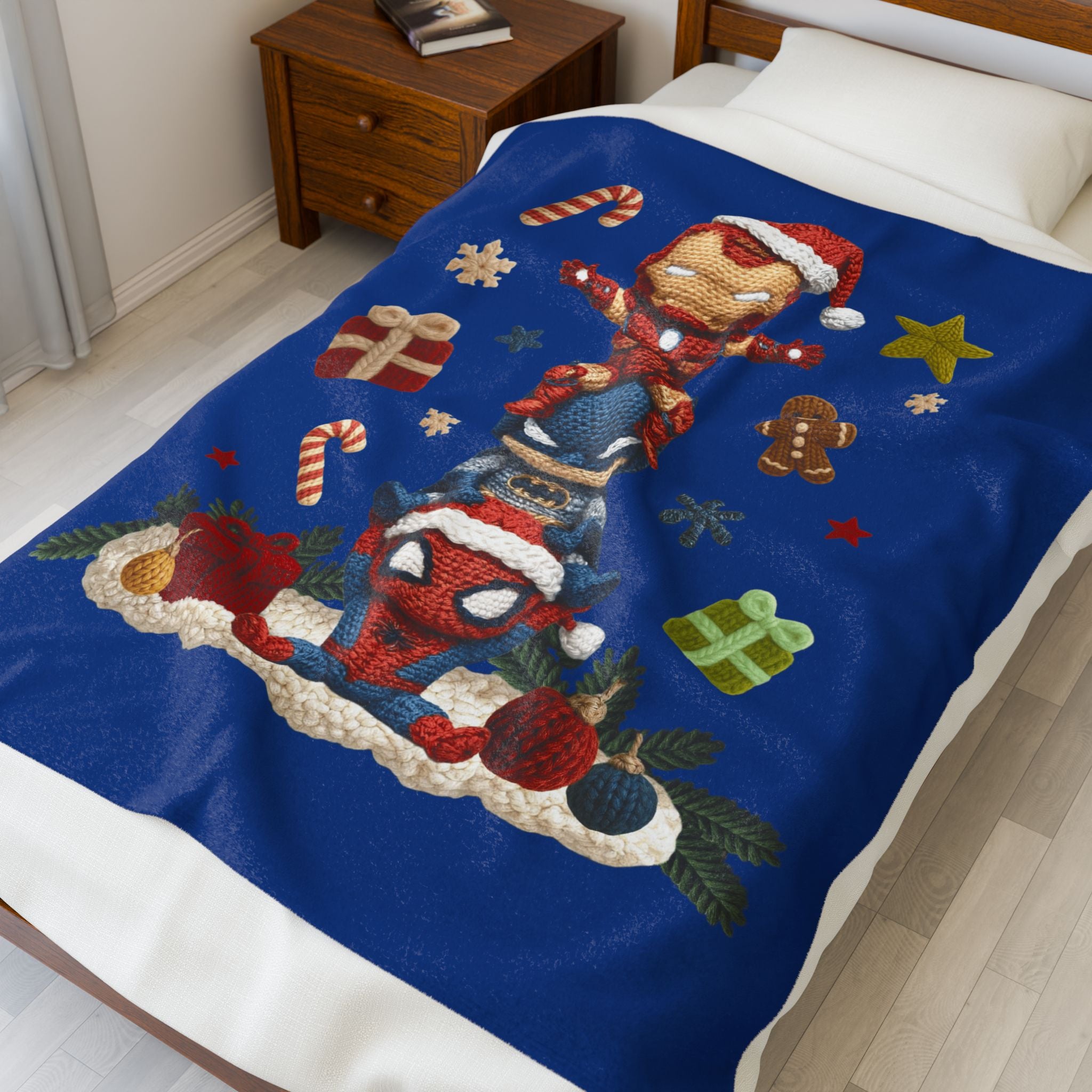 Plush Holiday Marvel Blanket — Cute Iron Man, Captain America & Spider-Man Stack with Christmas Gifts