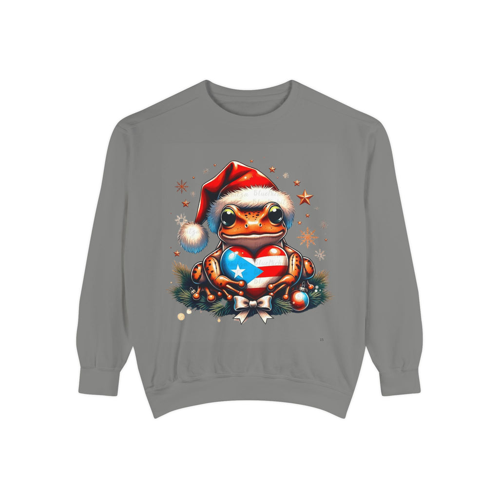 Christmas Coqui Sweatshirt — Cute Santa Frog Holding Ornament Holiday Sweater