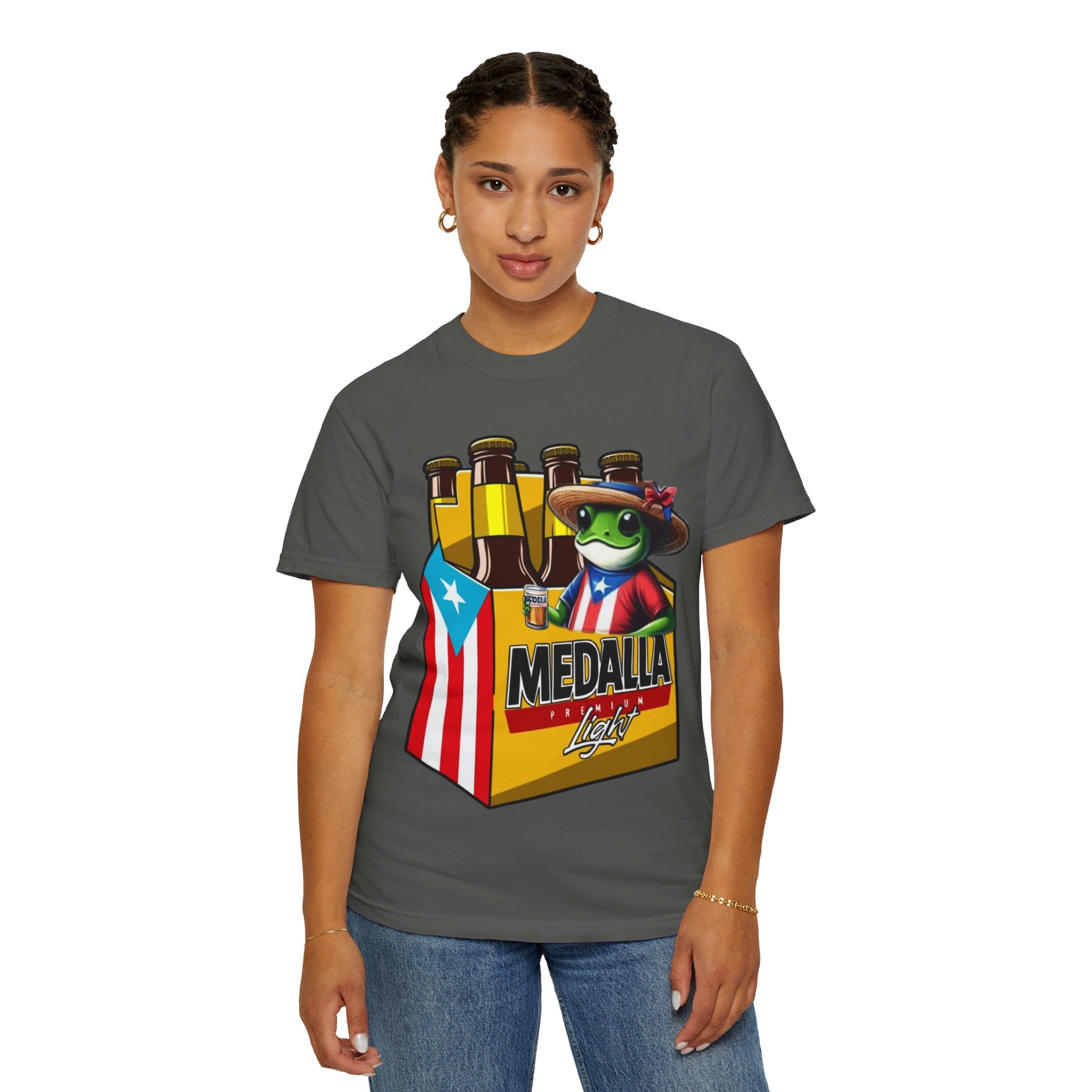 Medalla Light Puerto Rican Beer T-Shirt Coqui Frog Mascot Six-Pack Graphic Tee Puerto Rico’s Navidades