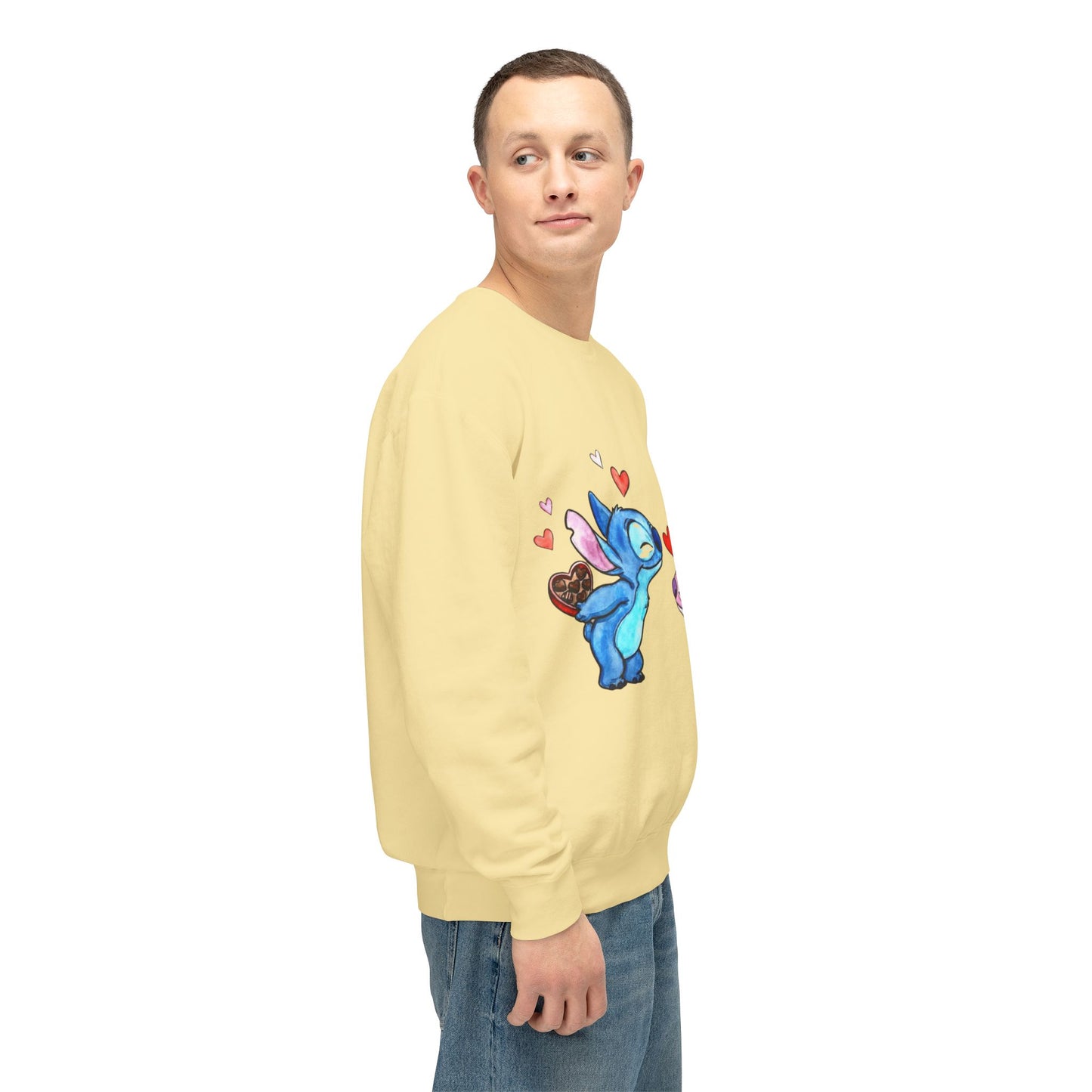 Cute Stitch Valentine Sweatshirt — Blue & Pink Love Characters with Hearts