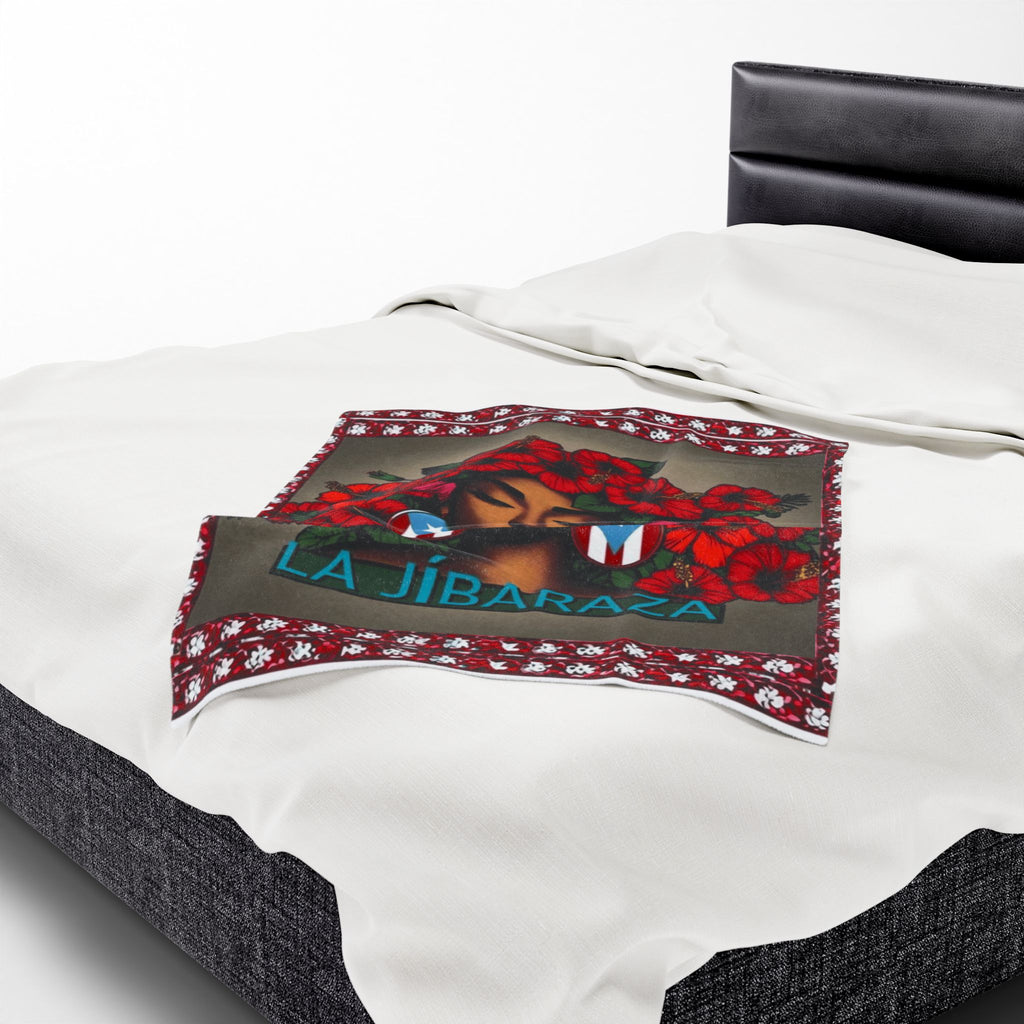 La Jíbaraza Velveteen Plush Blanket  Puerto Rican Floral Afro-Latina Portrait Throw