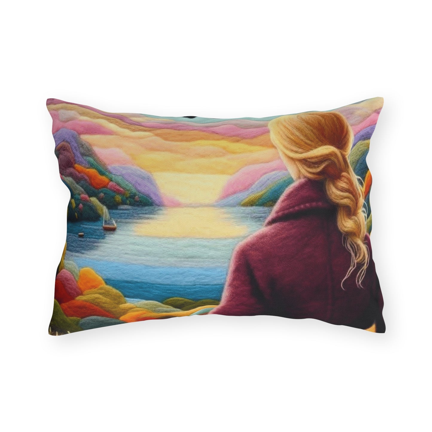 Scenic Lakeview Outdoor Pillow — Woman Overlooking Colorful Sunset Landscape