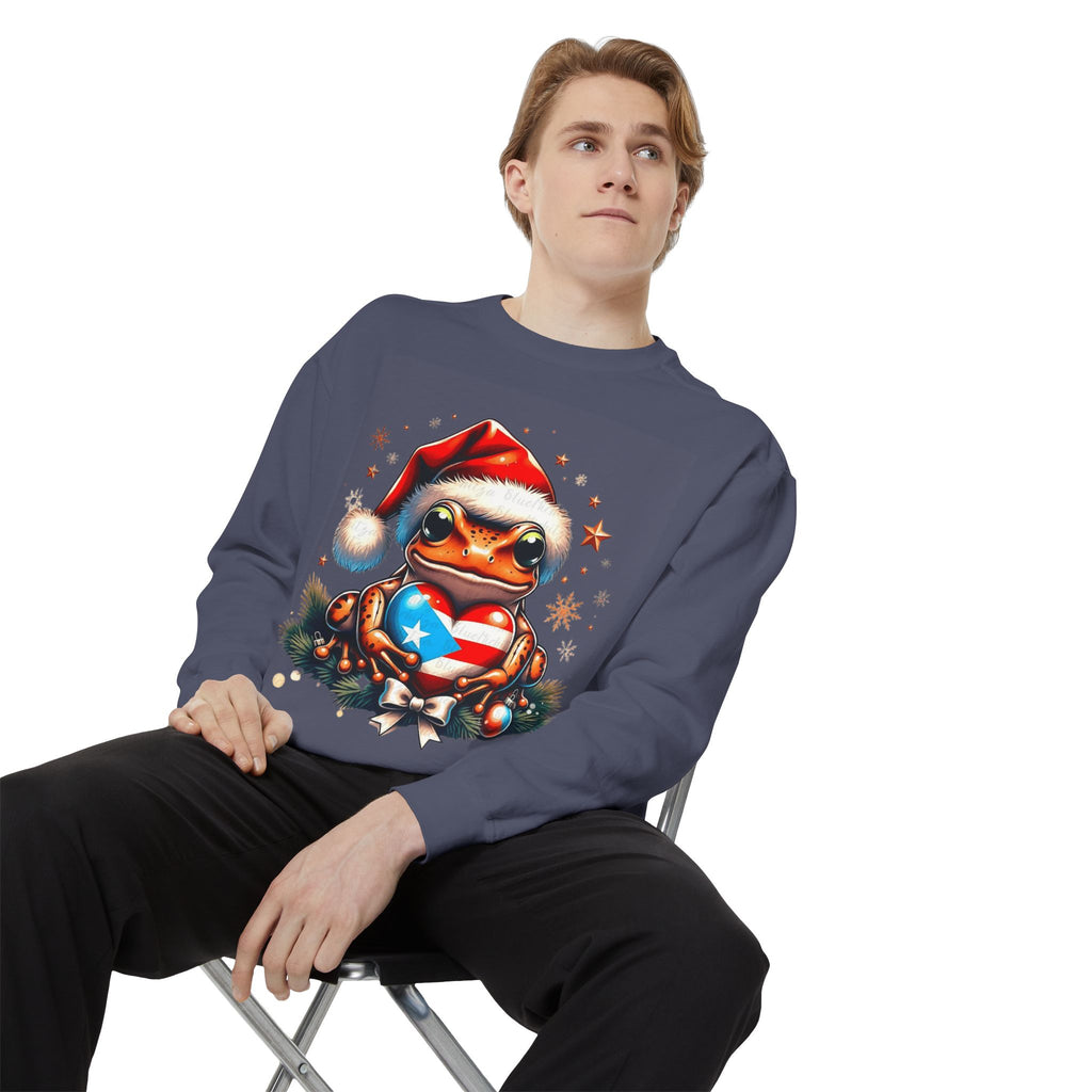 Christmas Coqui Sweatshirt — Cute Santa Frog Holding Ornament Holiday Sweater