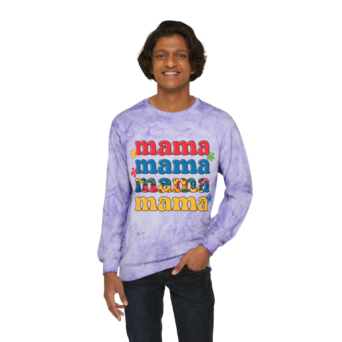 Autism Awareness & Pride Collection Mama Color Blast Crewneck Sweatshirt - Unisex Tie-Dye Style