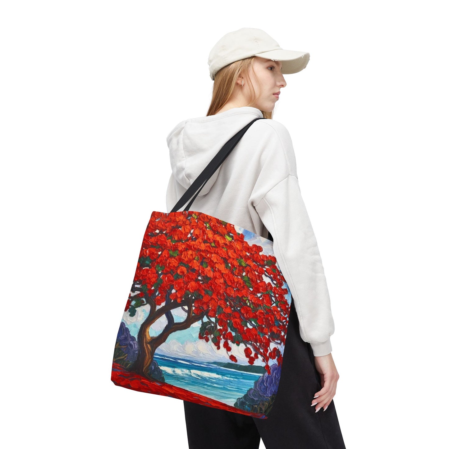 Red Blossom Beach Tote - Tropical Tree Art All-Over Print Tote Bag Crochet-Decorated Tote Bags