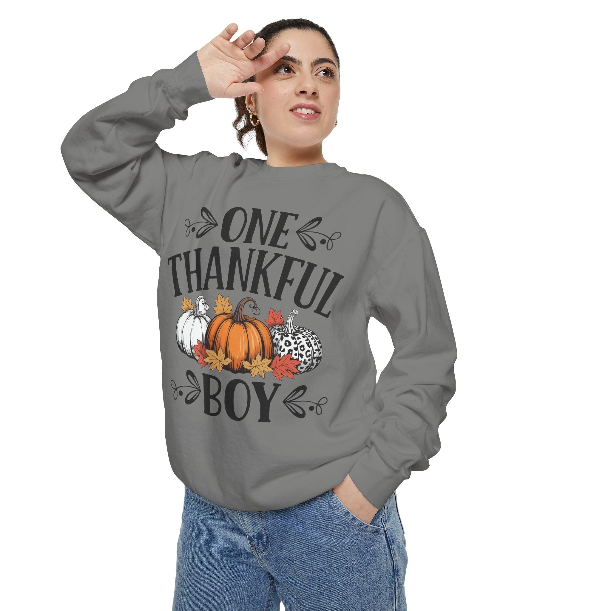 Thankful Boy Sweatshirt  Fall Pumpkin Thanksgiving Crewneck Fall T-Shirts and Sweatshirts Collection