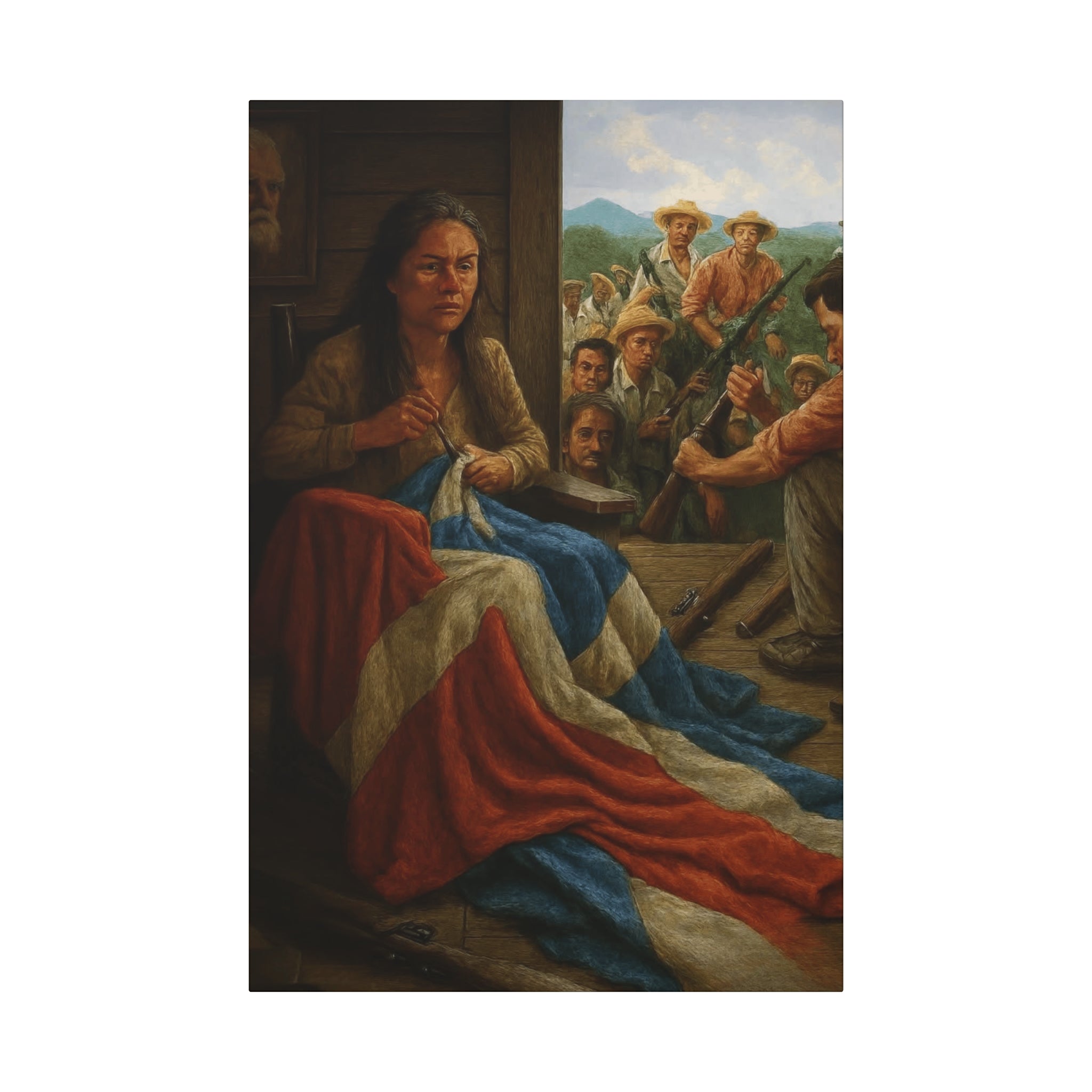 Cultural & Story-Driven  Story of Puerto Rico Woman Sewing Flag with Resolute Crowd (Historical Patriotic Wall Art)