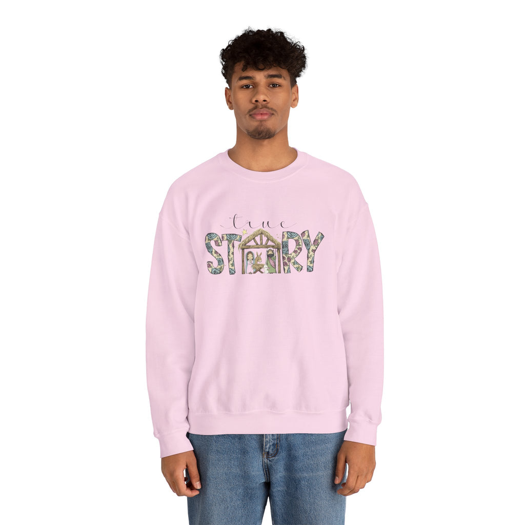 Crewneck Sweatshirt "Come Story" Floral Nativity Design  Cozy Christmas Pullover unique festive designs and joyful