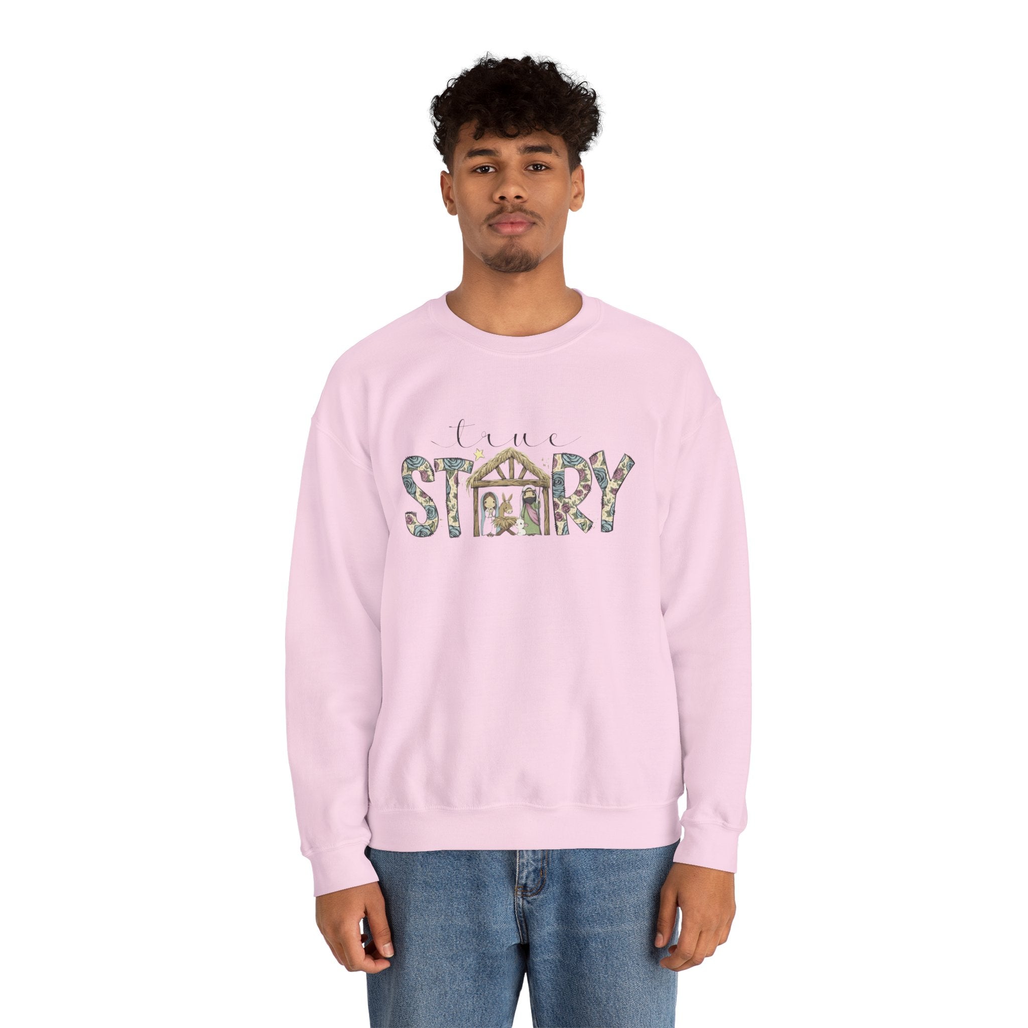 Crewneck Sweatshirt "Come Story" Floral Nativity Design  Cozy Christmas Pullover unique festive designs and joyful