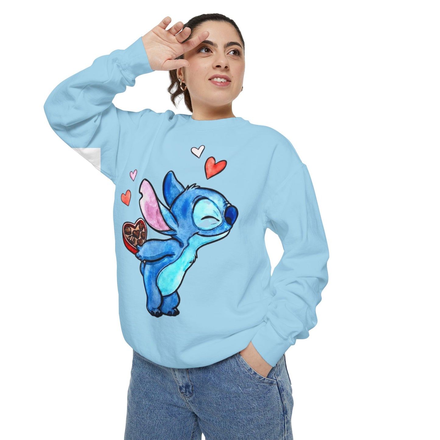 Stitch Valentine Sweatshirt — Cute Blue Alien with Hearts & Chocolate Pocket