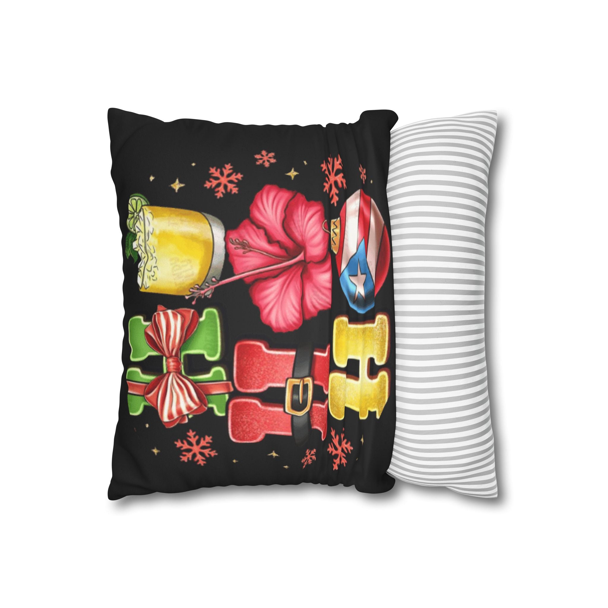 Holiday HOHO Pillow Cover  Puerto Rico Ornament, Hibiscus & Coquito Christmas Throw Pillowcase