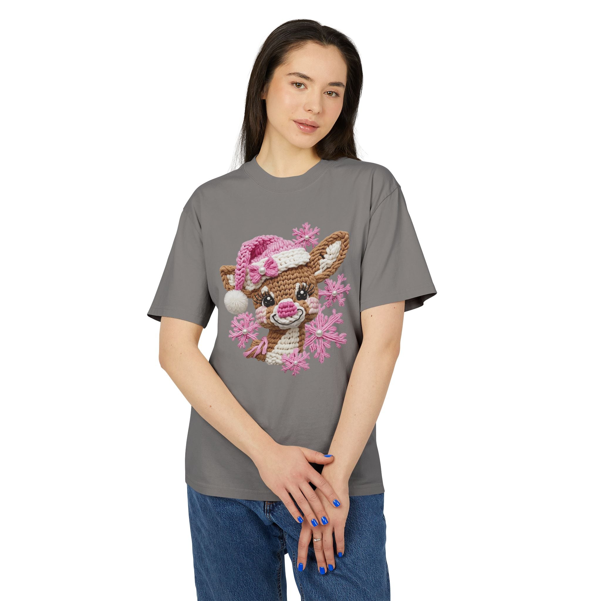 Cute Reindeer Tee — Pink Santa Hat & Snowflakes Holiday T-Shirt  cartoon-style Christmas artwork
