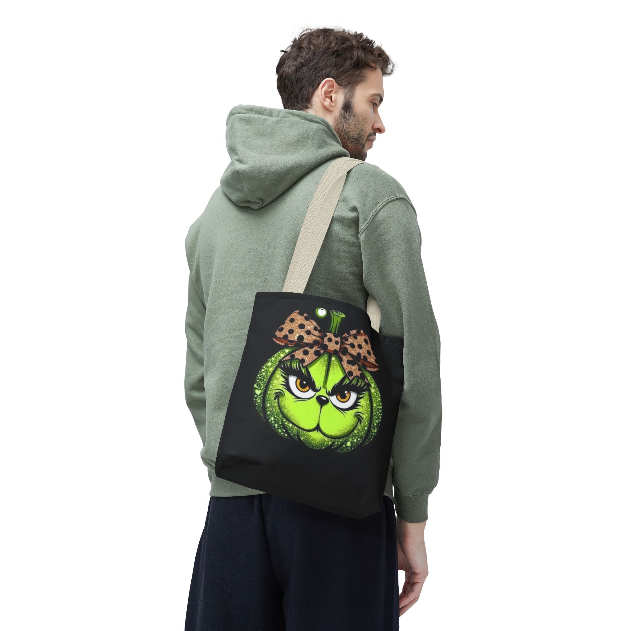 Grinch-Inspired Tote Bag with Polka Dot Bow Christmas Tote Bag Festive Holiday Design