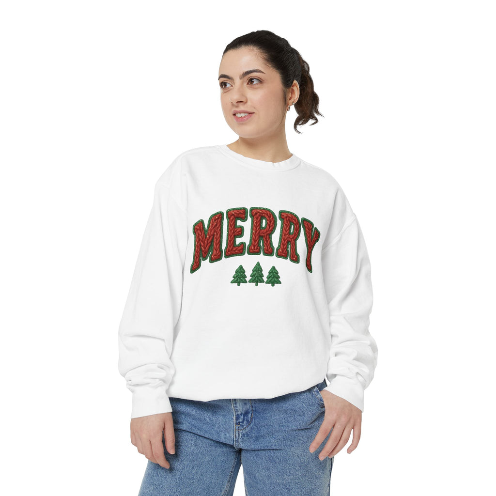 Merry Holiday Sweatshirt — Cozy Christmas Pullover with Tree Graphics Festive Holiday Designs