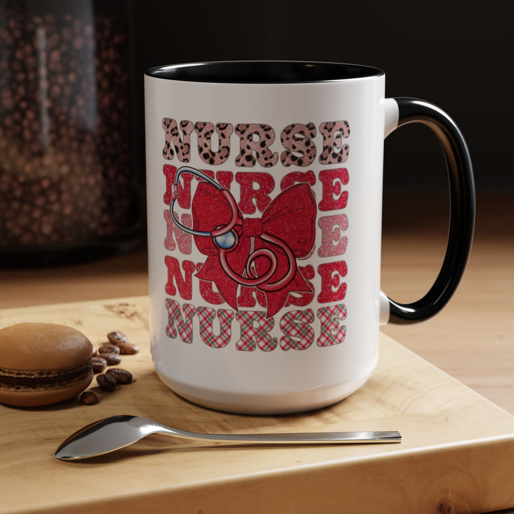 Nurse Stethoscope Bow Accent Coffee Mug — Cute Leopard & Plaid Healthcare Gift (11/15oz) Medical Christmas Mug