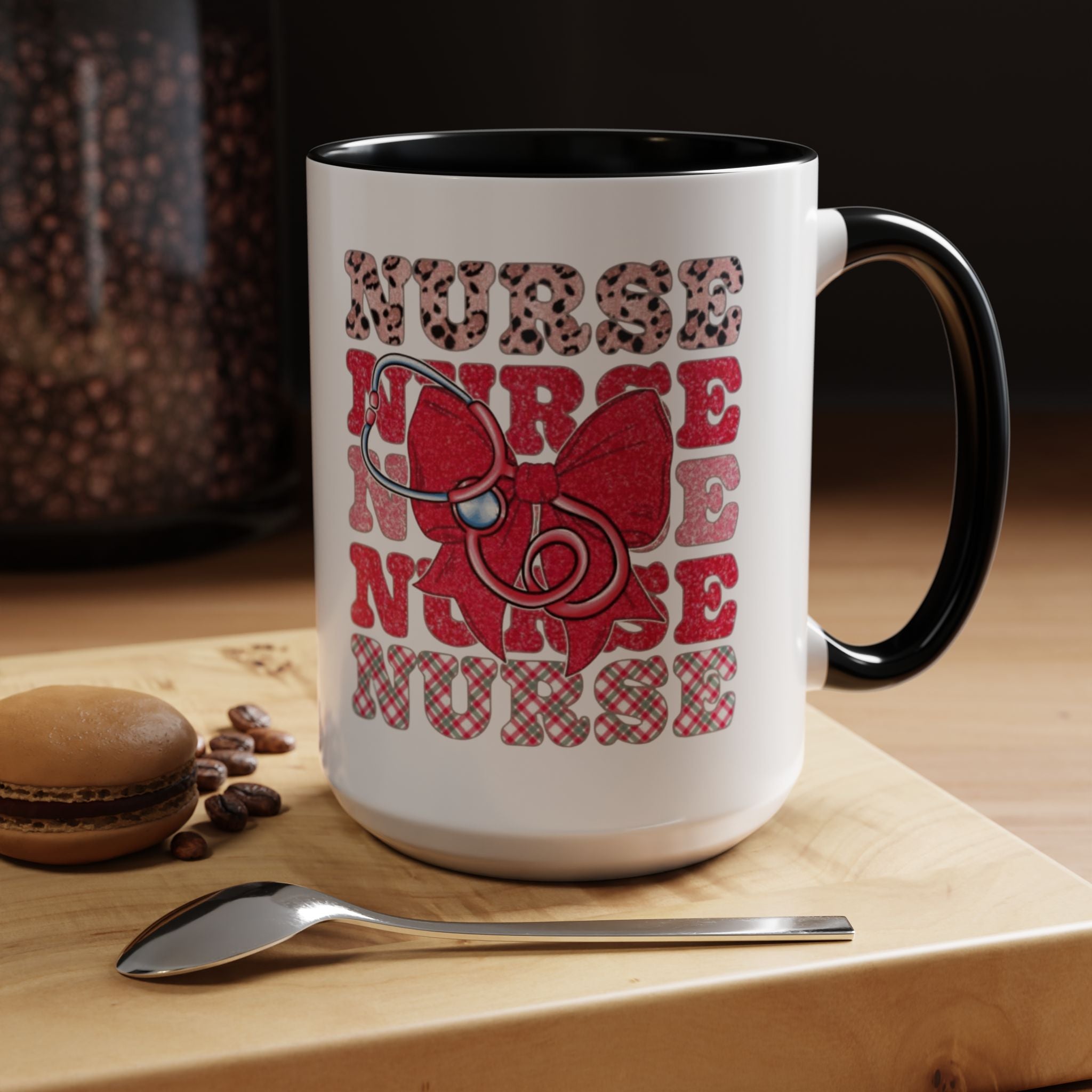 Nurse Stethoscope Bow Accent Coffee Mug — Cute Leopard & Plaid Healthcare Gift (11/15oz) Medical Christmas Mug