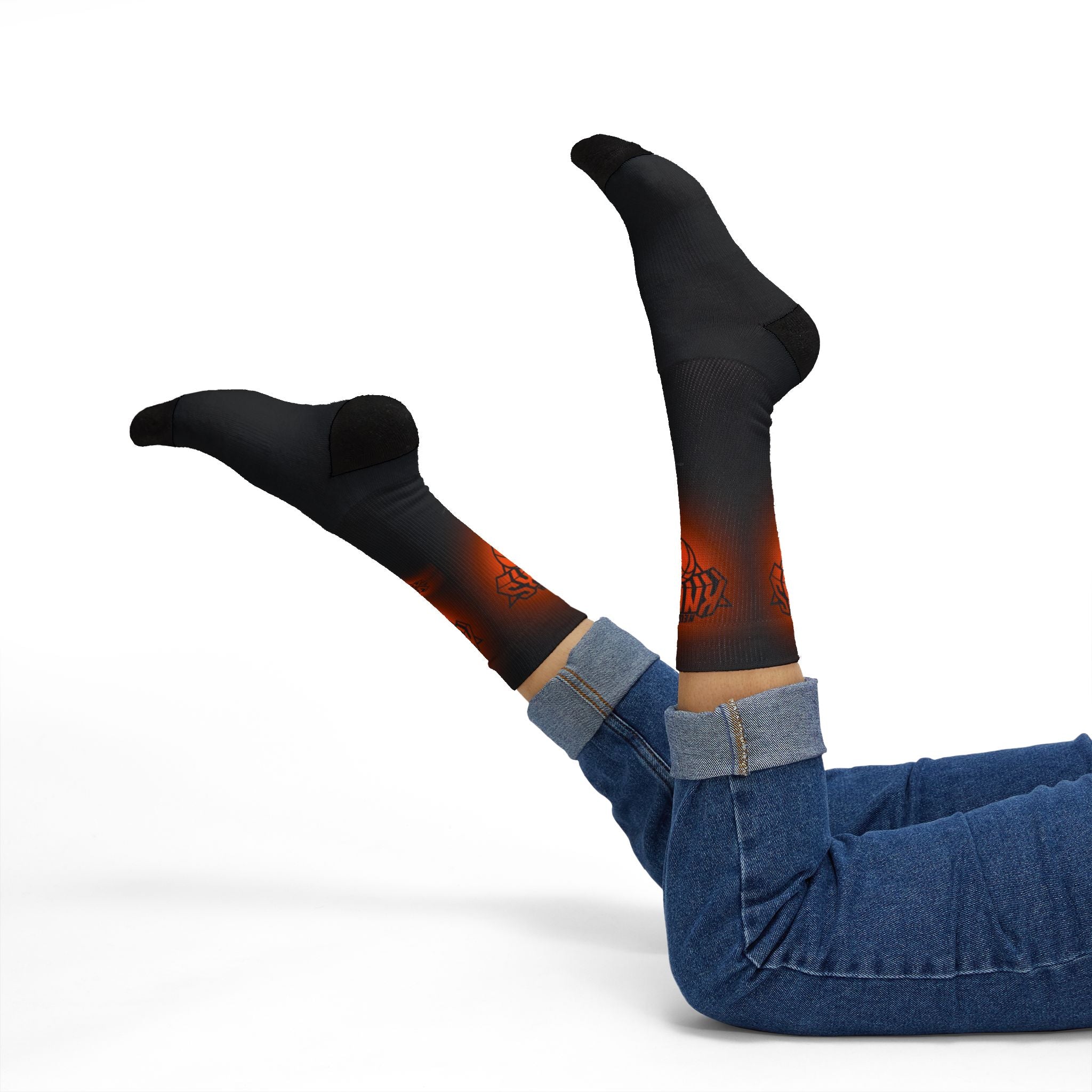 Basketball-Inspired Pattern Crew Socks — Retro Sports Sublimation Socks — Orange Gradient Crew Socks for Fans