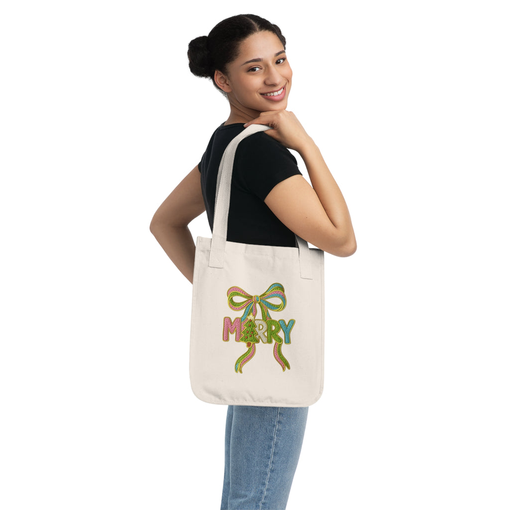 Tote Bag 'Merry' Ribbon Christmas Canvas Tote Organic Holiday Market Bag Christmas gift tote