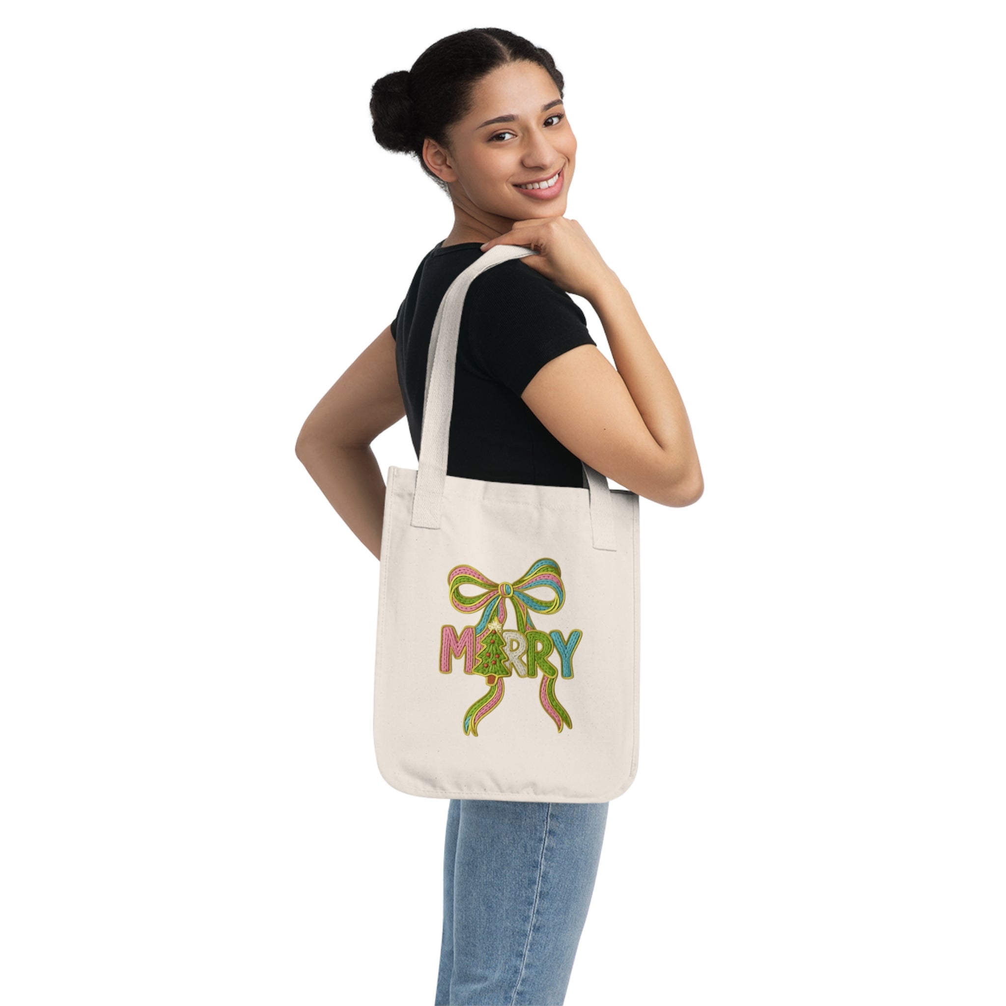 Tote Bag 'Merry' Ribbon Christmas Canvas Tote Organic Holiday Market Bag Christmas gift tote