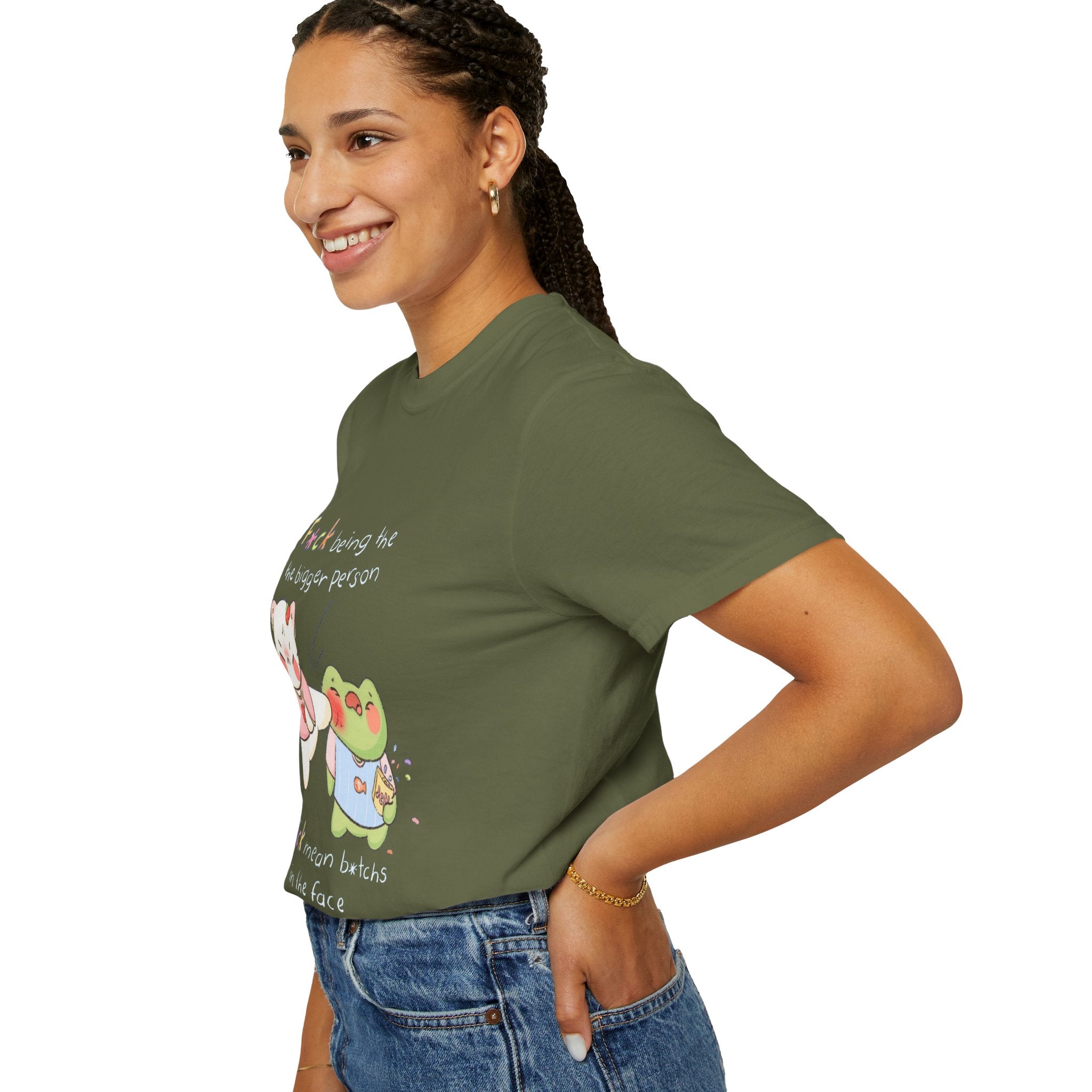 Graphic T-Shirt  Cute Kicking Cat & Frog with 'F*ck Being The Bigger Person' Slogan
