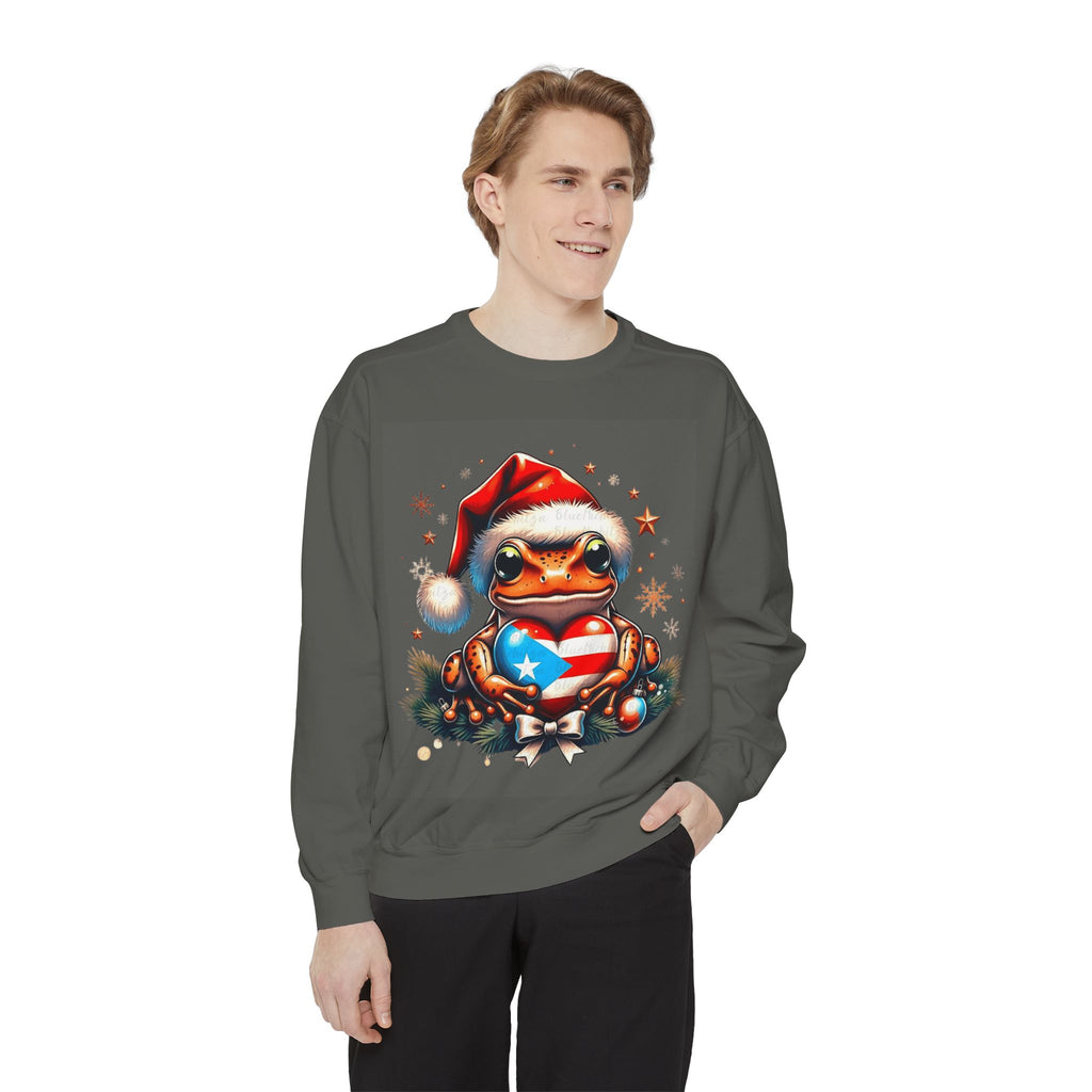 Christmas Coqui Sweatshirt — Cute Santa Frog Holding Ornament Holiday Sweater