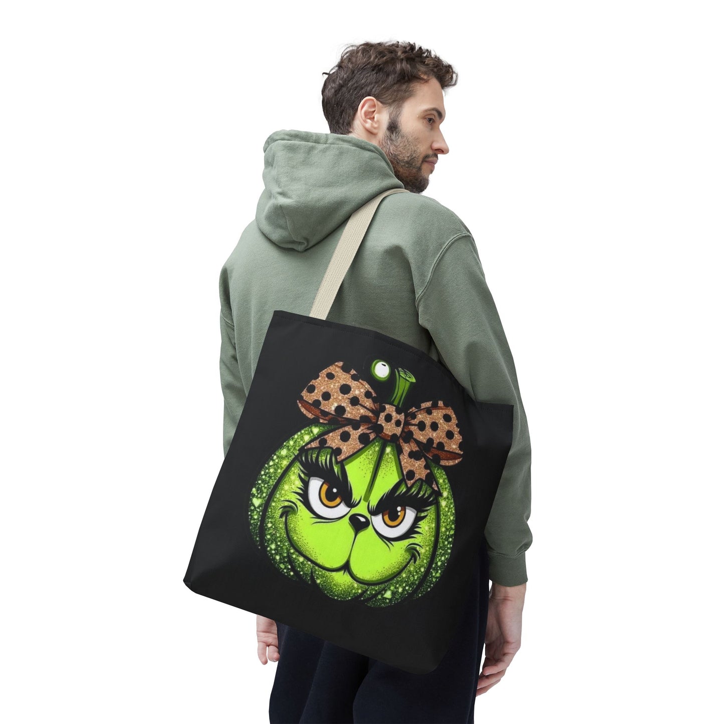 Grinch-Inspired Tote Bag with Polka Dot Bow Christmas Tote Bag Festive Holiday Design