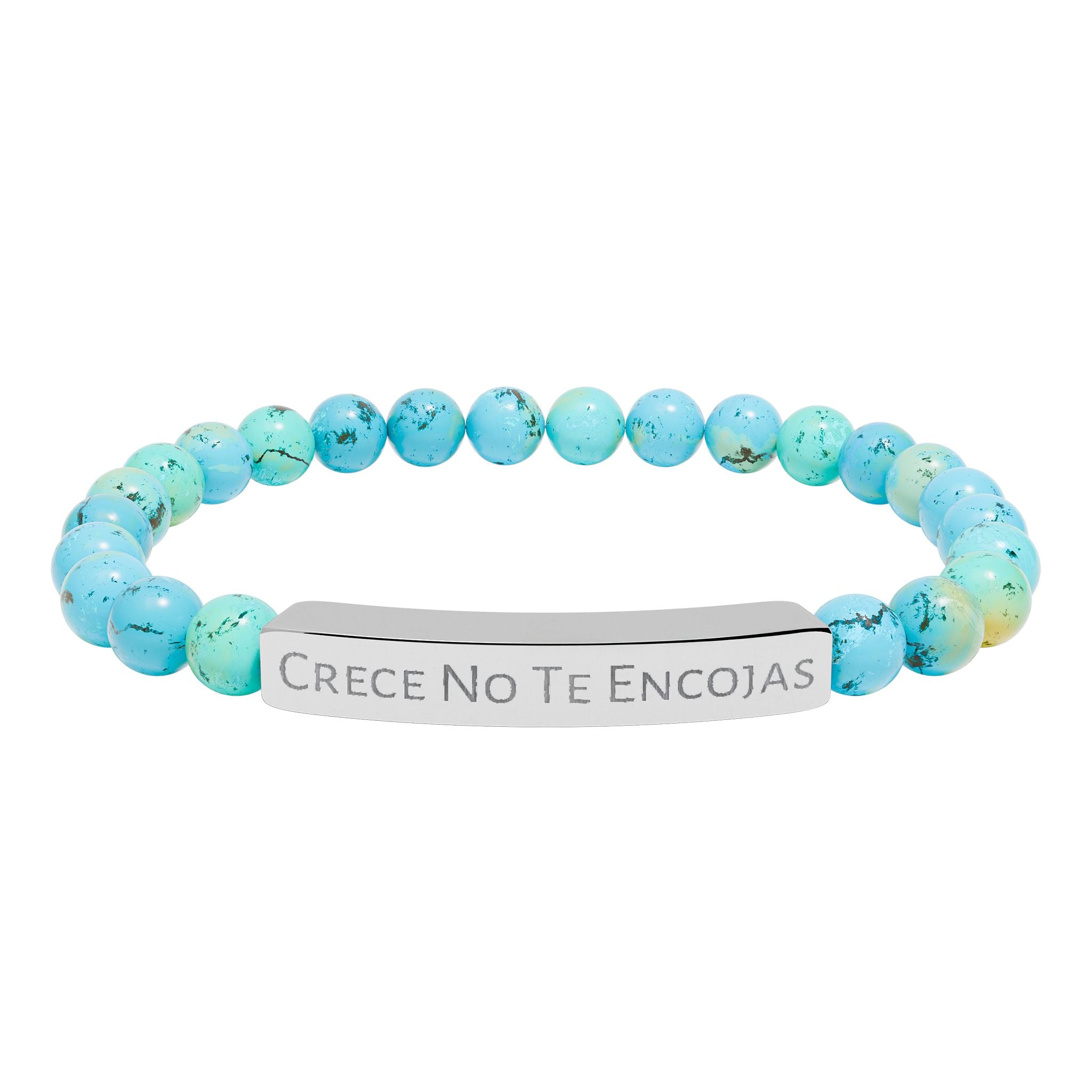 Engraved Natural Stone Stretch Bracelet — "Crece No Te Rindas" Affirmation Bar