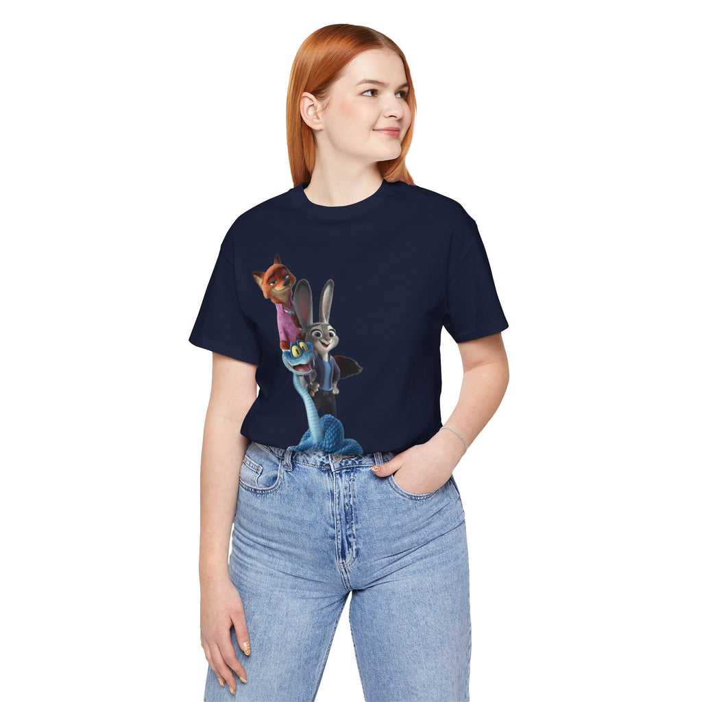 Animated Character Tee — Cute Fox & Bunny Stack Graphic T-Shirt  cartoon-style Christmas artwork