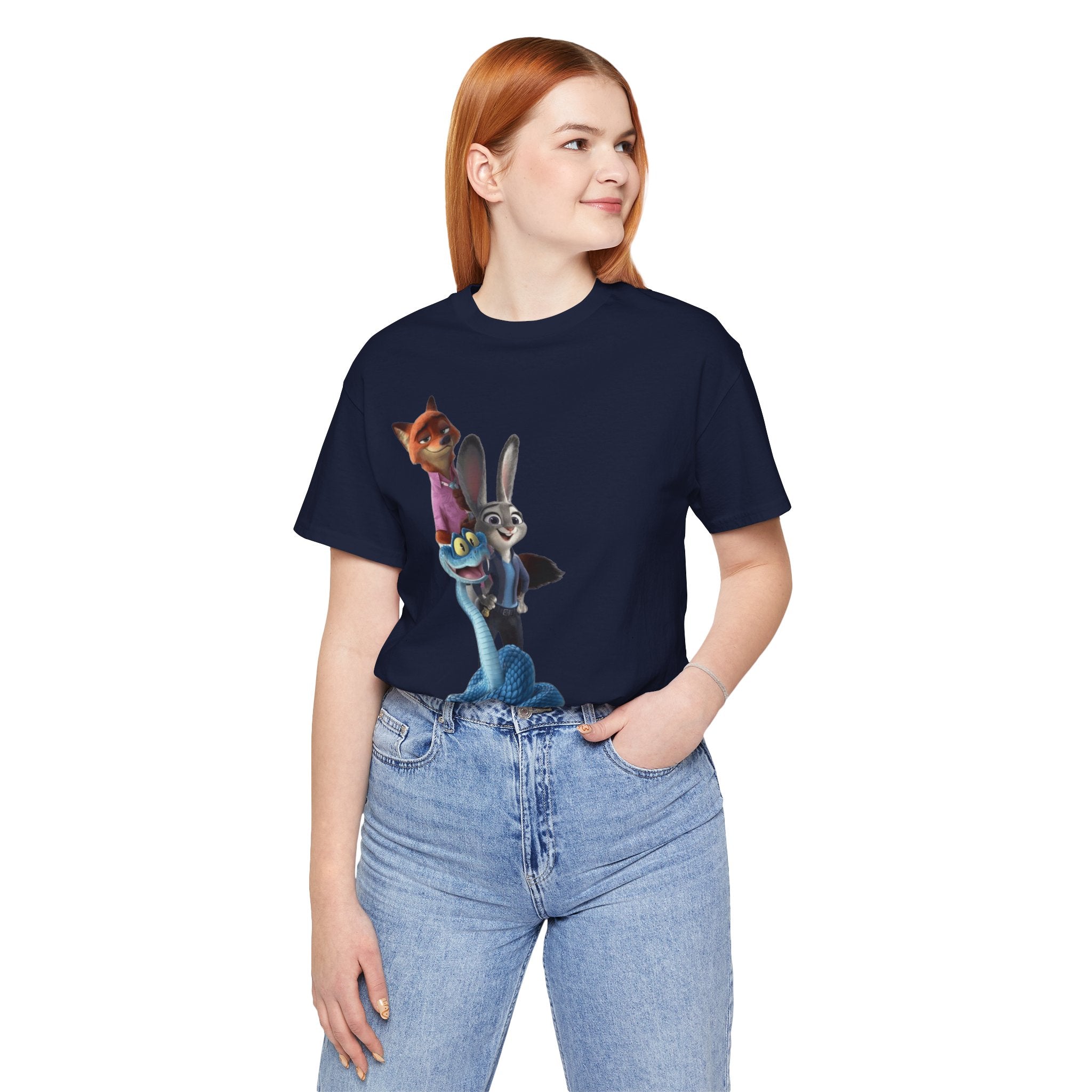 Animated Character Tee — Cute Fox & Bunny Stack Graphic T-Shirt  cartoon-style Christmas artwork