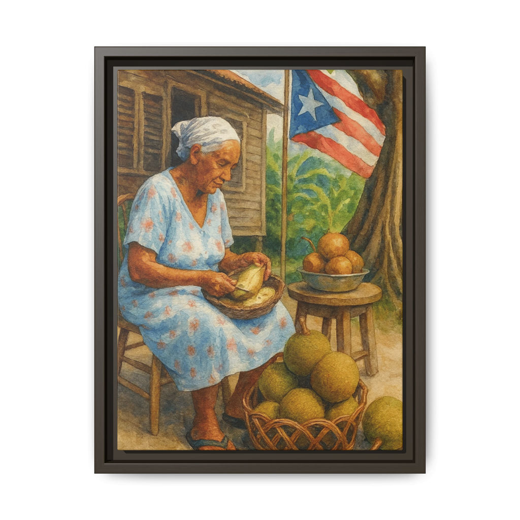 Cultural & Story-Driven These Puerto Rico inspired  Framed Matte Canvas Print  Woman Shelling Fruit Vintage Tropical Painting