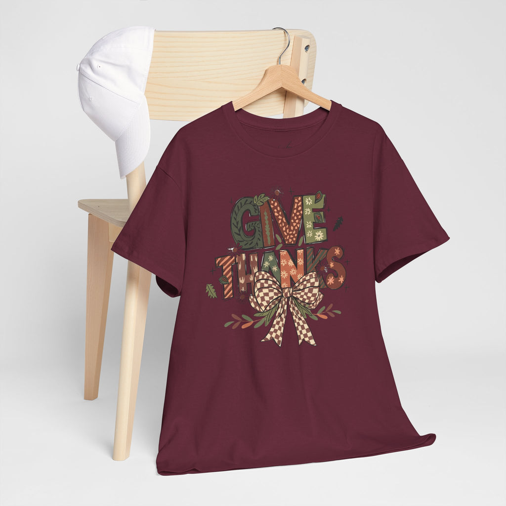Give Thanks Tee Thanksgiving Graphic T-Shirt with Rustic Bow Design