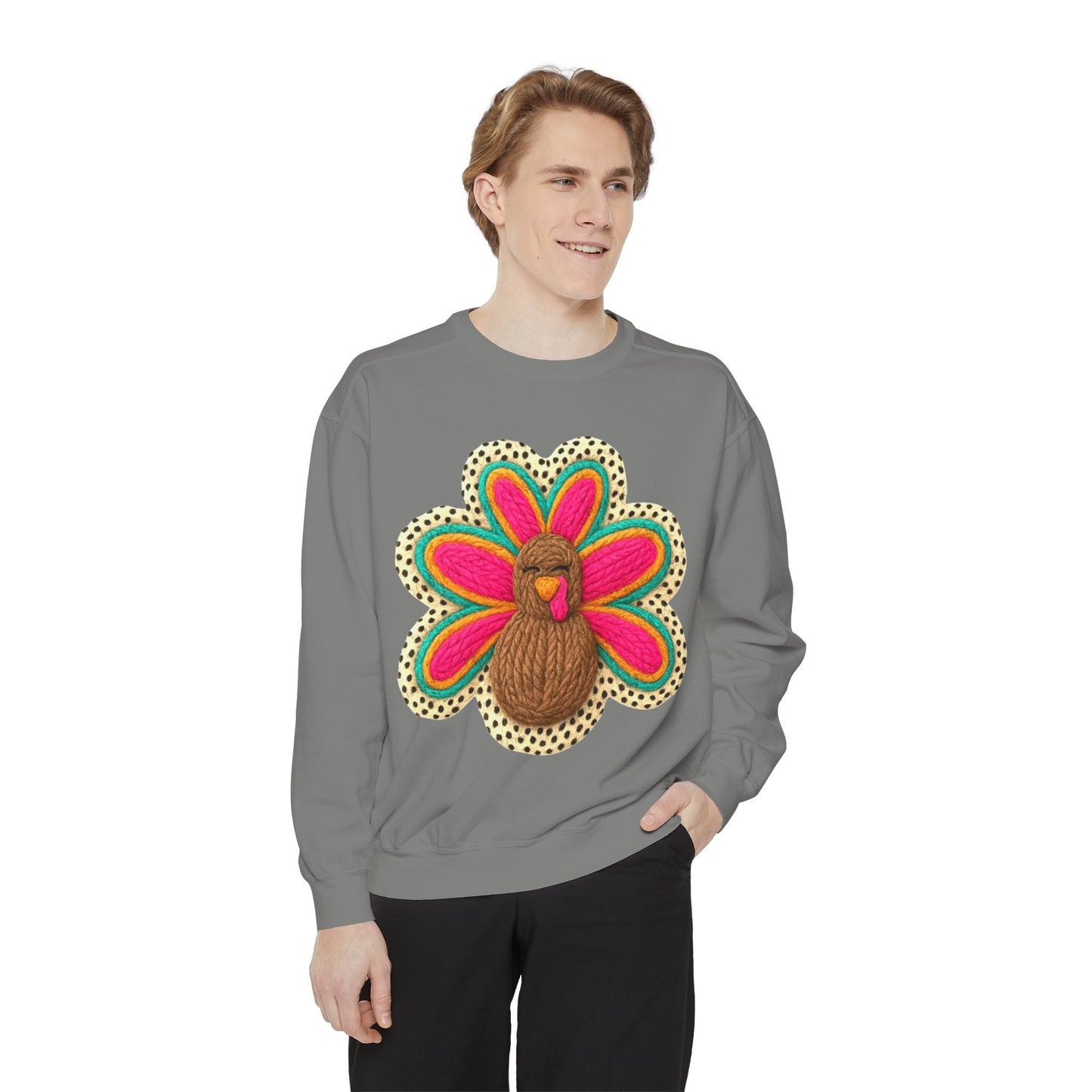 Festive Holiday Designs Turkey Patch Sweatshirt — Colorful Embroidered Thanksgiving Pullover
