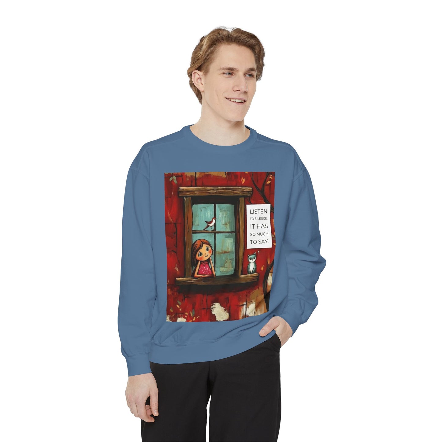 Cozy Window Scene Sweatshirt  "Listen, It Has So Much to Say" Graphic