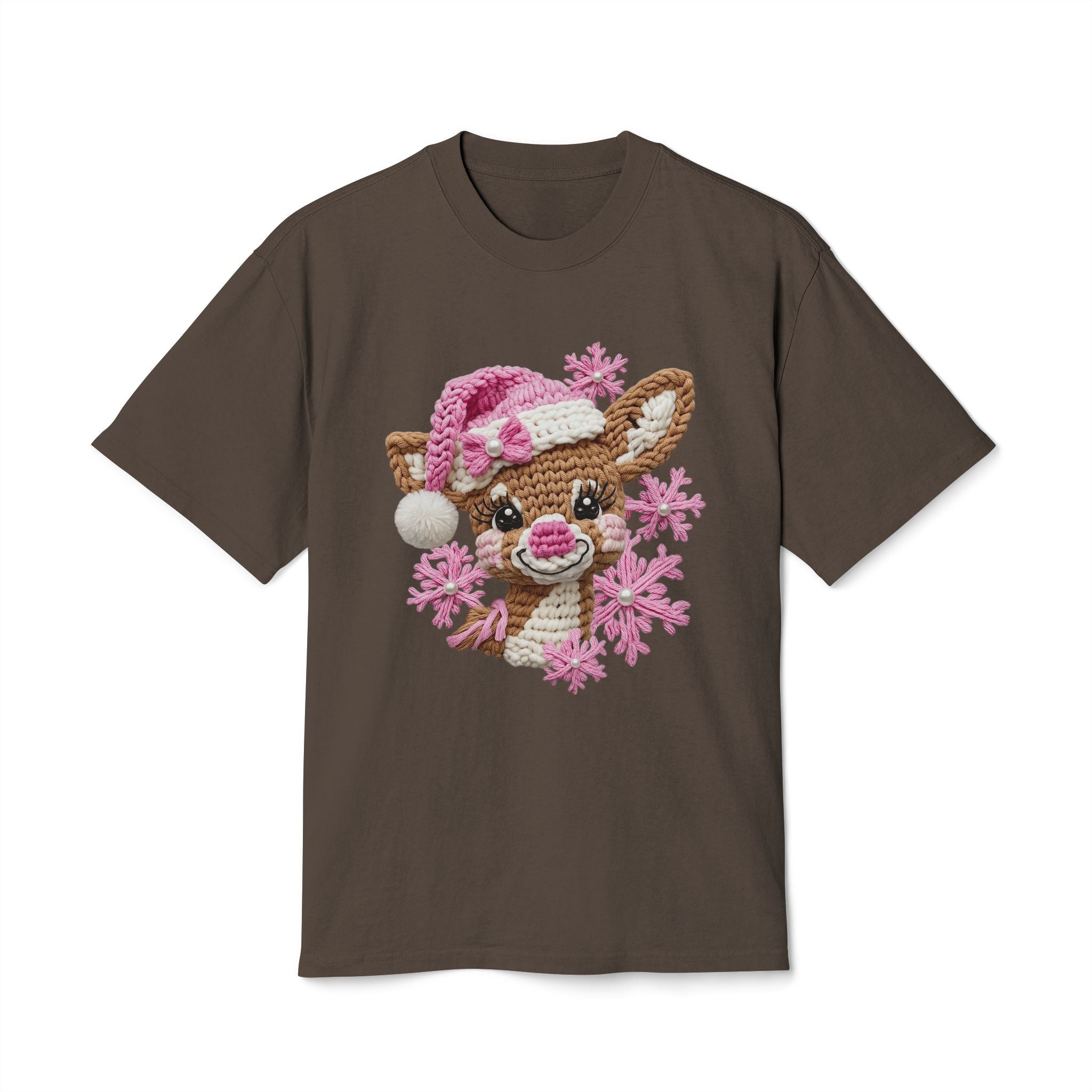 Cute Reindeer Tee — Pink Santa Hat & Snowflakes Holiday T-Shirt  cartoon-style Christmas artwork