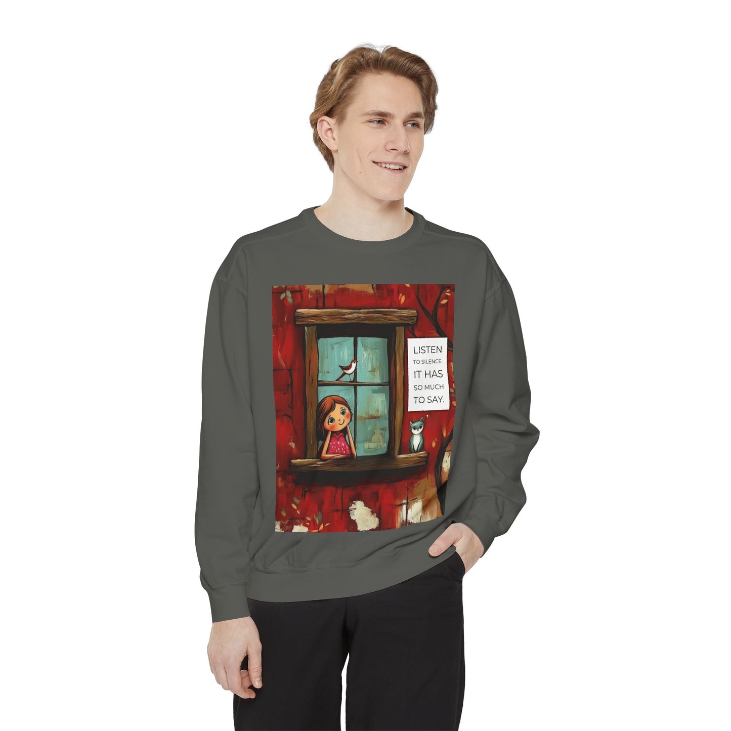 Cozy Window Scene Sweatshirt  "Listen, It Has So Much to Say" Graphic